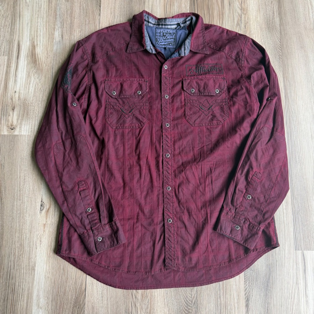 Affliction Black Premium Mens 3XL Burgundy Button Down Embroidered Shirt Goth
